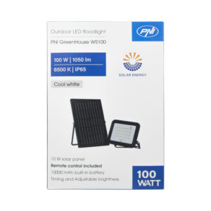 PNI GreenHouse WS100 100W LED prožektorius su saulės baterija, 10000mAh akumuliatoriumi, nuotolinio valdymo pulteliu, reguliuojamu laikmačiu ir ryškumu, 6500 K, IP65 - Image 6
