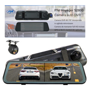 Automobilinis vaizdo registratorius PNI Voyager S2800 UHD 4K 170°, integruotas į galinio vaizdo veidrodėlį, 9.66 colio, IPS jutiklinis ekranas, parkavimo stebėjimas, G-sensorius, „micro SD“ kortelės lizdas, USB-C, GPS funkcija, „Wi-Fi“, valdymas programėle, pridedama galinio vaizdo kamera „Full HD“