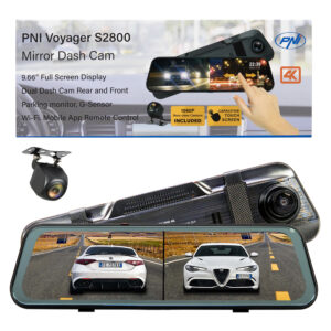 Automobilinis vaizdo registratorius PNI Voyager S2800 UHD 4K 170°, integruotas į galinio vaizdo veidrodėlį, 9.66 colio, IPS jutiklinis ekranas, parkavimo stebėjimas, G-sensorius, „micro SD“ kortelės lizdas, USB-C, GPS funkcija, „Wi-Fi“, valdymas programėle, pridedama galinio vaizdo kamera „Full HD“ - Image 2