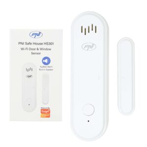 PNI Safe House HS301 magnetinis kontaktas su „Wi-Fi“, skirtas durų/langų stebėjimui per „Tuya Smart“ programėlę, 80 dB garsinis signalas, integruotas garsiakalbis, reguliuojamas garsumas, įjungimo/išjungimo funkcija, 3V maitinimo šaltinis