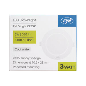 LED prožektorius PNI D-Light CL2503 3W, įleidžiamas, apvalus 9 cm, 6400K, 230V maitinimo šaltinis, 330 lm, šaltai balta spalva - Image 5