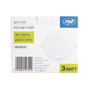 LED prožektorius PNI D-Light CL2503 3W, įleidžiamas, apvalus 9 cm, 6400K, 230V maitinimo šaltinis, 330 lm, šaltai balta spalva - Image 6