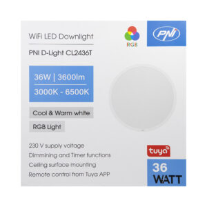 PNI D-Light CL2436T Wi-Fi LED lubinis šviestuvas, RGBW, 36W, reguliuojamas, apvalus 41 cm, 3000K-6500K, 230V maitinimo šaltinis, 3600 lm, baltas, valdomas per Tuya programėlę - Image 9