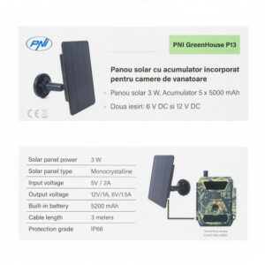 Saulės įkroviklis PNI GreenHouse P13, 6V ir 12V išvestis, 3W, Li-Ion 5200 mAh baterija, IP66 apsaugos klasė medžioklės kameroms - Image 12