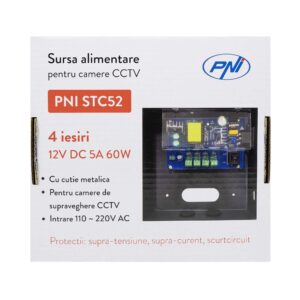 CCTV maitinimo šaltinis PNI STC52 12V, 5A, 60W, 4 išėjimai, metalinėje dėžutėje