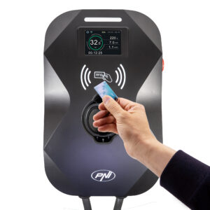 PNI KW22 WiFi 32A įkrovimo stotelė, 22KW, elektromobiliams, 85V - 415V, trifazė, 2 tipo laidas su 7 kontaktais, 3,5 colio ekranas, valdymas programėle, įkrovimo aktyvavimas programėle ir RFID kortele, IP55