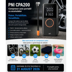 Nešiojamas automobilinis kompresorius su PNI CPA200 baterija 20l/min, 150 PSI, skaitmeninis ekranas, automatinis išsijungimas, dėklas, LED žibintuvėlis, „power bank“ funkcija Li-Ion 1800mAh 20Wh, USB 5V 2A - Image 2