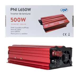 Dėžutė su 20 vienetų PNI L650W įtampos keitiklių, dvigubas maitinimo šaltinis 12V/24V, 230V išėjimas, 500W, modifikuota sinusinė banga, 5V 500mAh USB jungtis, su pridedamais maitinimo gnybtais ir cigarečių degiklio kištuku