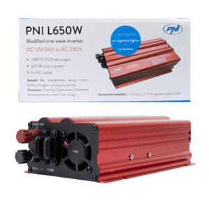 Dėžutė su 20 vienetų PNI L650W įtampos keitiklių, dvigubas maitinimo šaltinis 12V/24V, 230V išėjimas, 500W, modifikuota sinusinė banga, 5V 500mAh USB jungtis, su pridedamais maitinimo gnybtais ir cigarečių degiklio kištuku - Image 2
