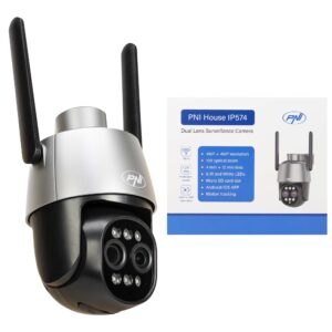 PNI House IP574 vaizdo stebėjimo kamera su „Wi-Fi“, PTZ, dvigubu objektyvu 4MP + 4MP, 10X optiniu priartinimu, IP65