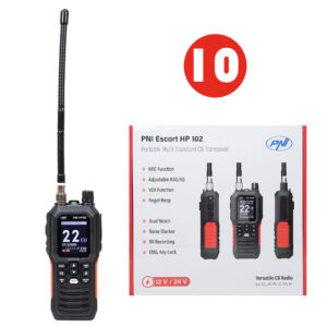 Dėžutė su 10 vnt. nešiojamų CB radijo stotelių PNI Escort HP 102 multi standard, ASQ, 4W, 12V-24V, NRC, Dual Watch, Roger Beep