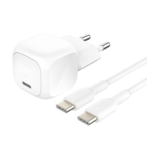 Belkin BoostCharge kompaktiškas USB-C įkroviklis 20W su USB-C į USB-C laidu – 1 metras – Baltas