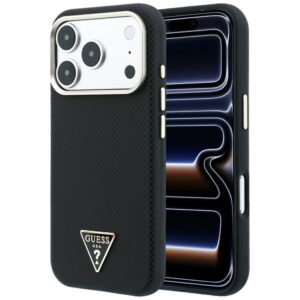 Guess Kevlar Triangle Logo MagSafe dėklas, skirtas iPhone 18 Pro Max / 17 Pro Max, juodas