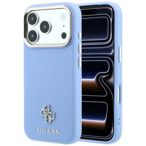 Guess Saffiano Small 4G & Classic Logo MagSafe dėklas, skirtas iPhone 18 Pro / 17 Pro, šviesiai mėlynas