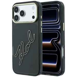 Karl Lagerfeld IML Big Signature Resin Metal Frame dėklas, skirtas iPhone 18 Pro Max / 17 Pro Max, juodas