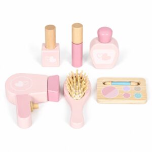 Vaikiškas medinis tualetinis staliukas su LED veidrodžiu, stalčiumi, kėdute ir 6 priedais, rožinis ECOTOYS - Image 9