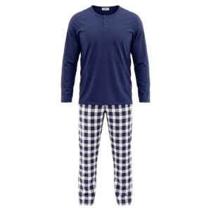 Vyriška medvilninė pižama ilgomis rankovėmis GAUBERT GB-2551, Henley apykaklė, tamsiai mėlyna su languotomis kelnėmis, XL - Image 2