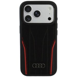 Dėklas Audi R8 Genuine Leather MagSafe, skirtas iPhone 18 Pro / 17 Pro, juodas-raudonas