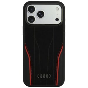 Dėklas Audi R8 iš natūralios odos su MagSafe, skirtas iPhone 18 Pro Max / 17 Pro Max, juodas-raudonas