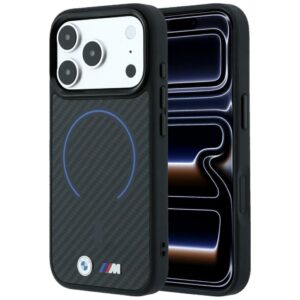 BMW M Kevlar Blue Print žiedinis metalinis logotipo MagSafe dėklas, skirtas iPhone 18 Pro Max / 17 Pro Max, juodas