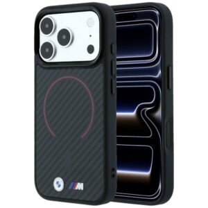 Dėklas BMW M Kevlar Red Print Ring Metal Logo MagSafe, skirtas iPhone 18 Pro Max / 17 Pro Max, juodas