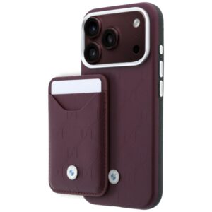 BMW Quilted Pattern Metal Logo dėklas + piniginės rinkinys, skirtas iPhone 18 Pro / 17 Pro, bordo spalvos