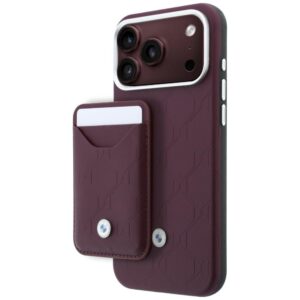 BMW dygsniuoto rašto metalinio logotipo dėklas + piniginės rinkinys, skirtas iPhone 18 Pro Max / 17 Pro Max, bordo spalvos