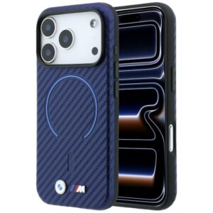 BMW M Carbon Printed Ring MagSafe dėklas, skirtas iPhone 18 Pro / 17 Pro, tamsiai mėlynas