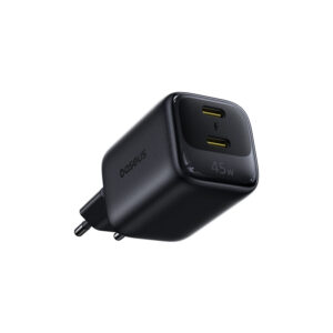 Sieninis įkroviklis EnerFill FE22 45W 2xUSB-C QC PD su USB-C kabeliu 1m, juodas