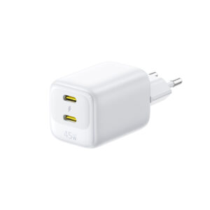 Sieninis įkroviklis EnerFill FE22 45W 2xUSB-C QC PD su USB-C kabeliu 1m, baltas