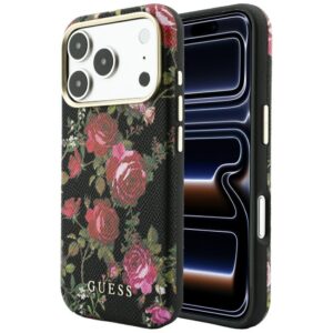 Guess Blossom Roses raštuotas MagSafe dėklas, skirtas iPhone 18 Pro Max / 17 Pro Max, juodas
