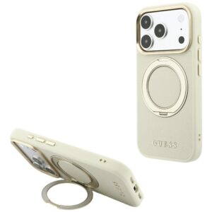 Guess Ring Stand 360 Grained Classic Logo MagSafe dėklas, skirtas iPhone 18 Pro / 17 Pro, smėlio spalvos