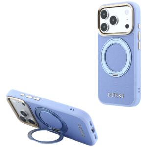 Dėklas Guess Ring Stand 360 Grained Classic Logo MagSafe, skirtas iPhone 18 Pro / 17 Pro, šviesiai mėlynas