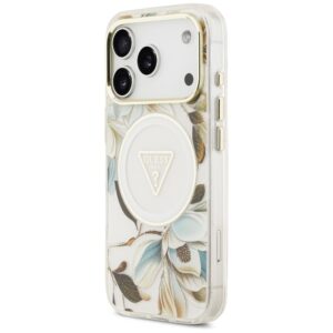 Dėklas Guess IML Glitter Flowers Triangle MagSafe, skirtas iPhone 18 Pro Max / 17 Pro Max, baltas - Image 2