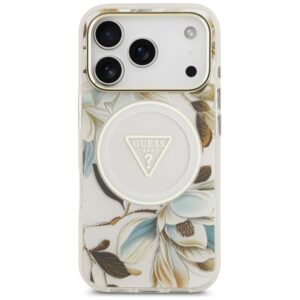 Dėklas Guess IML Glitter Flowers Triangle MagSafe, skirtas iPhone 18 Pro Max / 17 Pro Max, baltas - Image 3