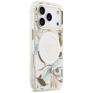 Dėklas Guess IML Glitter Flowers Triangle MagSafe, skirtas iPhone 18 Pro Max / 17 Pro Max, baltas - Image 4
