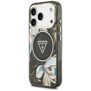 Dėklas Guess IML Glitter Flowers Triangle MagSafe, skirtas iPhone 18 Pro Max / 17 Pro Max, juodas - Image 2