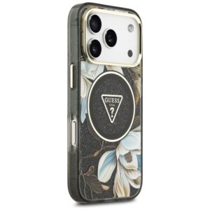 Dėklas Guess IML Glitter Flowers Triangle MagSafe, skirtas iPhone 18 Pro Max / 17 Pro Max, juodas - Image 4