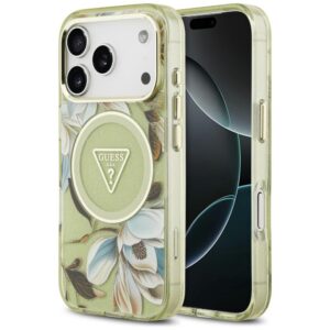Dėklas Guess IML Glitter Flowers Triangle MagSafe, skirtas iPhone 18 Pro Max / 17 Pro Max, žalias