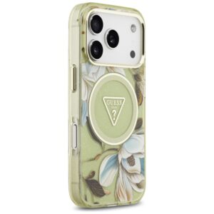 Dėklas Guess IML Glitter Flowers Triangle MagSafe, skirtas iPhone 18 Pro Max / 17 Pro Max, žalias - Image 4