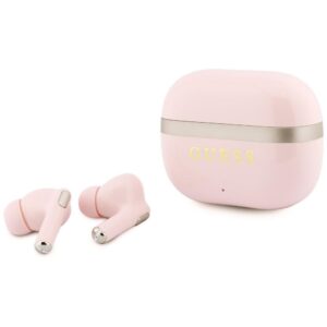 Belaidės ausinės TWS Guess Glossy Gold LinePrinted Classic Logo rožinės spalvos