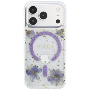 Guess Resin Flowers Glitter MagSafe dėklas, skirtas iPhone 18 Pro / 17 Pro, violetinis - Image 3