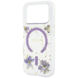 Guess Resin Flowers Glitter MagSafe dėklas, skirtas iPhone 18 Pro / 17 Pro, violetinis - Image 6