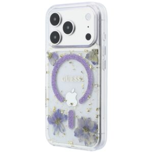 Guess Resin Flowers Glitter MagSafe dėklas, skirtas iPhone 18 Pro Max / 17 Pro Max, violetinis - Image 2