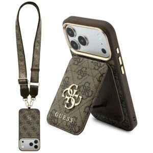 Dėklas Guess 4G su pinigine ir dirželiu MagSafe, skirtas iPhone 18 Pro / 17 Pro, rudas