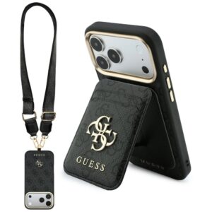 Dėklas Guess 4G su pinigine ir dirželiu Magsafe, skirtas iPhone 18 Pro / 17 Pro, rudas