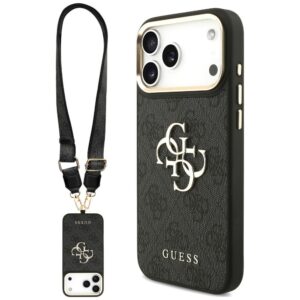 Dėklas Guess 4G Big 4G Classic Logo Big Strap Metal Buttons, skirtas iPhone 18 Pro / 17 Pro, juodas