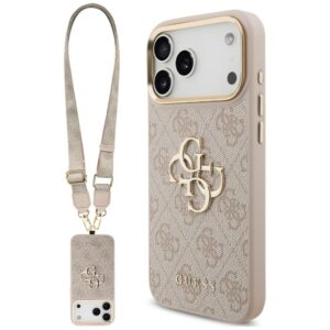 Dėklas Guess 4G Big 4G Classic Logo Big su dirželiu ir metalinėmis sagomis, skirtas iPhone 18 Pro / 17 Pro, rožinis