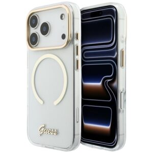 Dėklas Guess IML Script Metal MagSafe, skirtas iPhone 18 Pro / 17 Pro, skaidrus