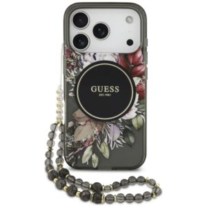 Dėklas Guess IML Flowers Pearl Strap MagSafe, skirtas iPhone 18 Pro / 17 Pro, juodas